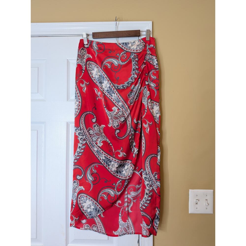 Cache Paisley Wrap Midi Skirt Size Small Red Asymmetrical Draped Y2K Vintage